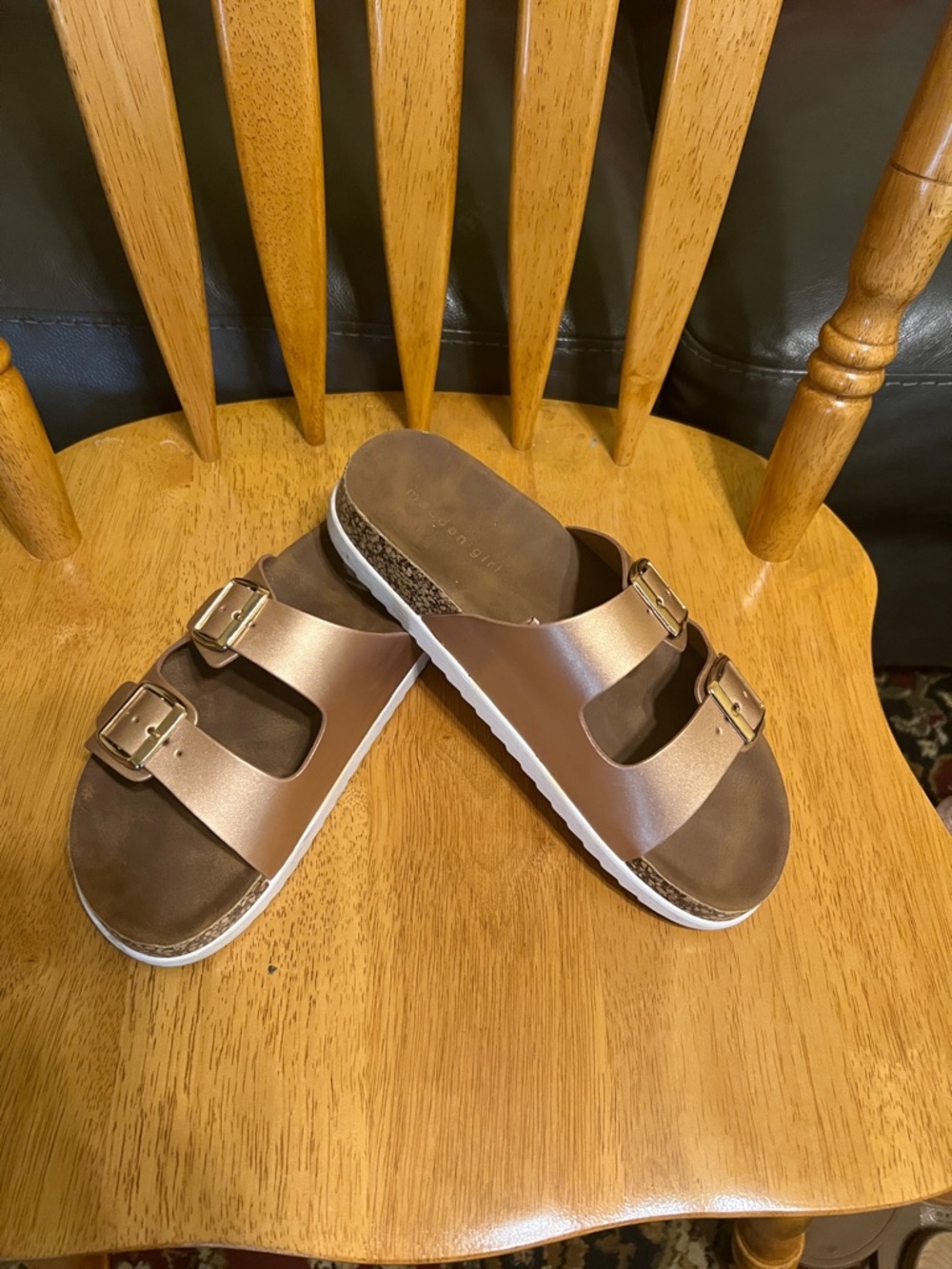 Women’s Girl Metallic Brown Double-Strap Slide Sandals